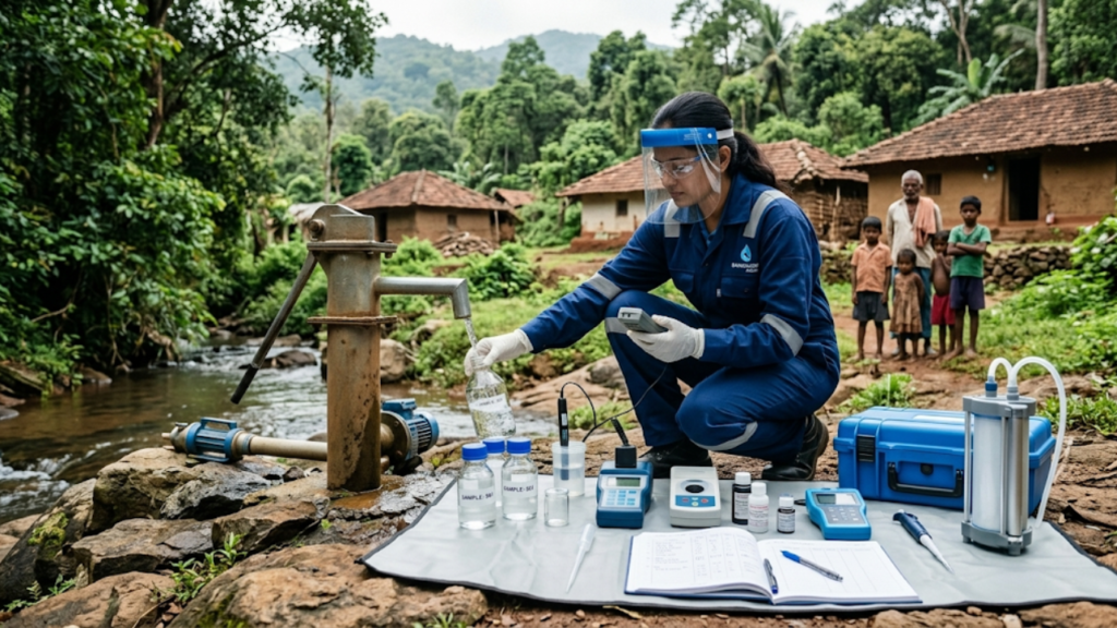 A female water quality engineer wearing PPE and a face shield collects a water sample from a rural hand pump while testing parameters with field instruments near a forest village.