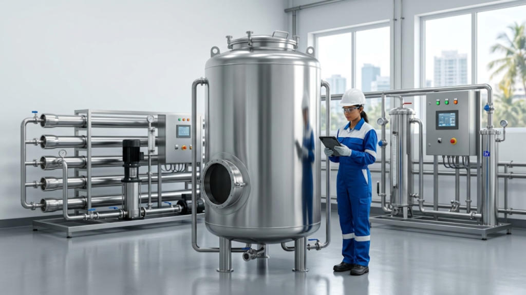 A female water treatment engineer in a hard hat and blue uniform inspects a large stainless-steel SS304 water storage tank integrated with an industrial RO purification plant.