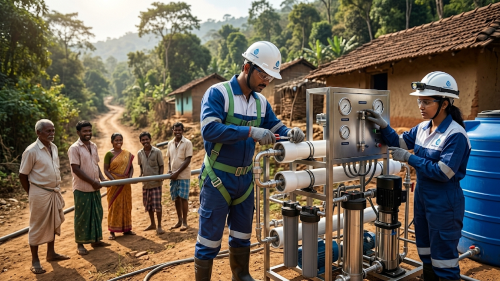 Two water treatment engineers in safety helmets and blue uniforms assemble and test a stainless-steel community RO water purification unit while local village residents look on in a rural Indian village.