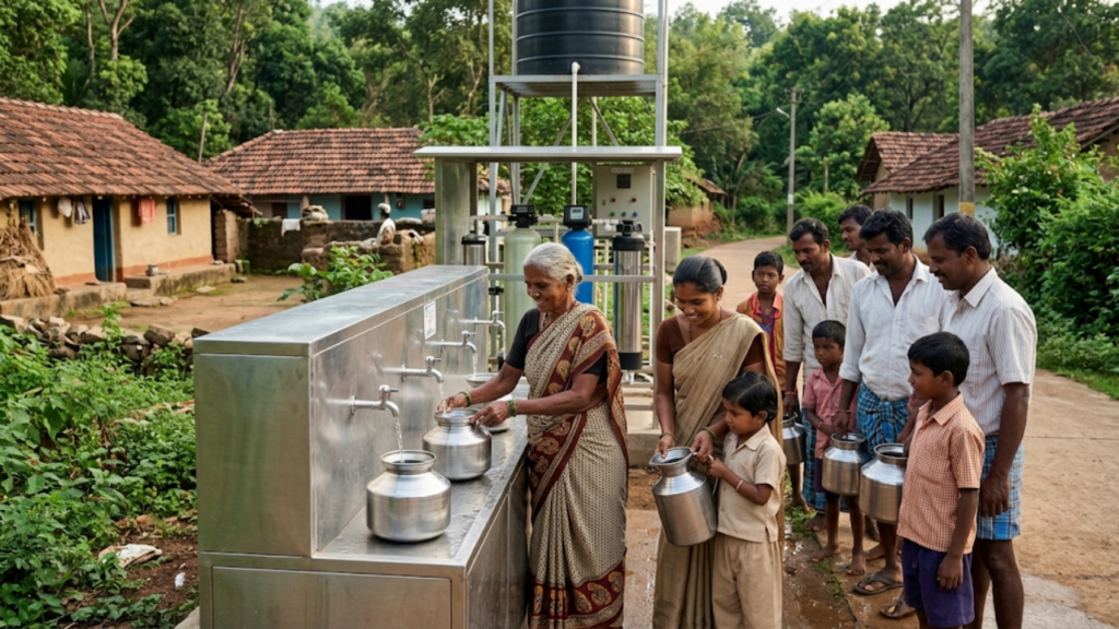 Indian village residents, including women and children, fill stainless steel water pots at a community RO drinking water dispensing station installed in a rural forest village.