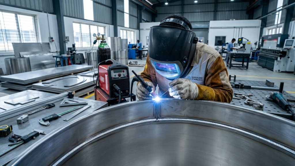 A skilled welder wearing a protective welding helmet and safety gloves performs precision TIG welding on the inner seam of an SS304 stainless-steel water storage tank in a fabrication workshop.