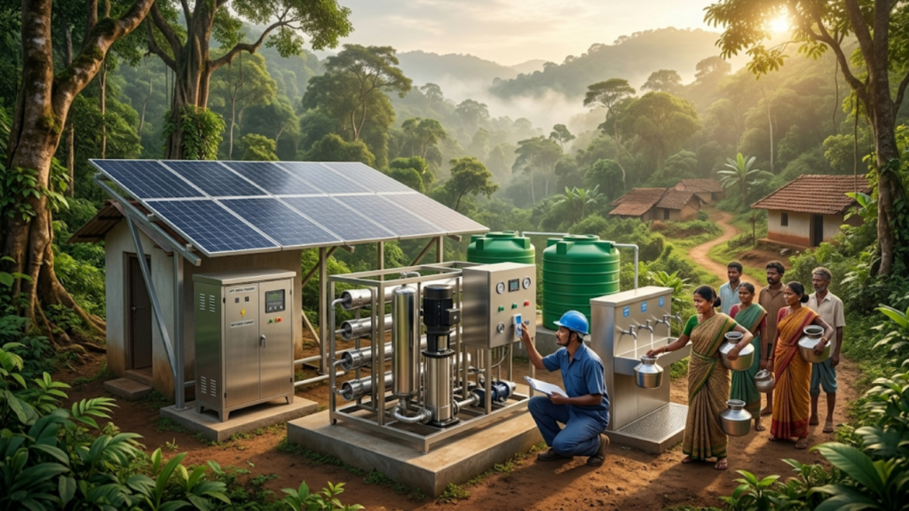 A photo shows a Bangalore Aqua worker in a safety helmet and blue work suit inspecting a modular water purification system, powered by a large solar array, while village women stand nearby filling metallic pots from a tap, in a remote hilly and forested area at sunrise.