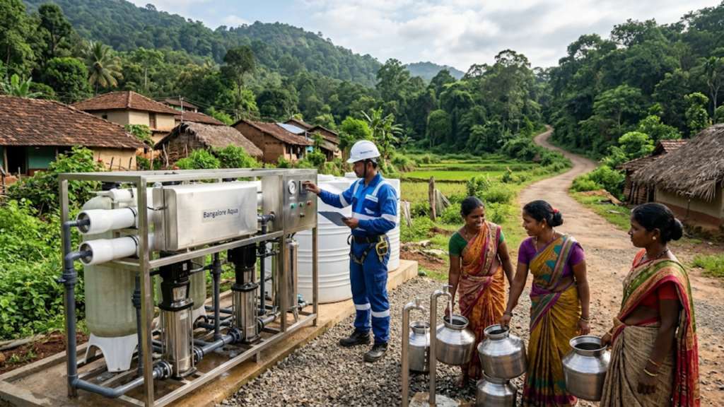 A photo shows a Bangalore Aqua worker in a safety helmet and blue work suit inspecting a modular water purification system, while three village women stand nearby filling metallic pots from a tap, in a remote hilly area.