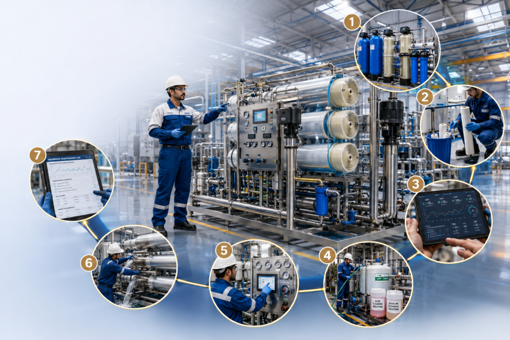 Industrial RO membrane maintenance infographic showing seven best practices to increase the lifespan of reverse osmosis membranes in a modern water treatment plant.