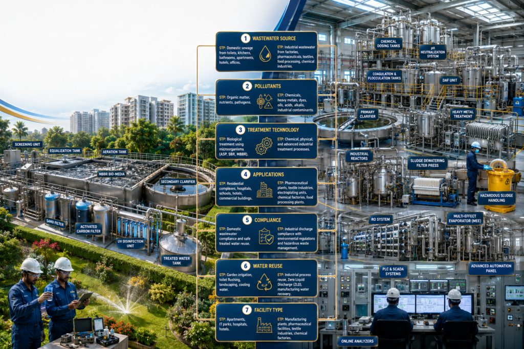 Sewage Treatment Plant (STP) vs Effluent Treatment Plant (ETP) comparison infographic showing wastewater treatment processes and industrial water recycling systems.
