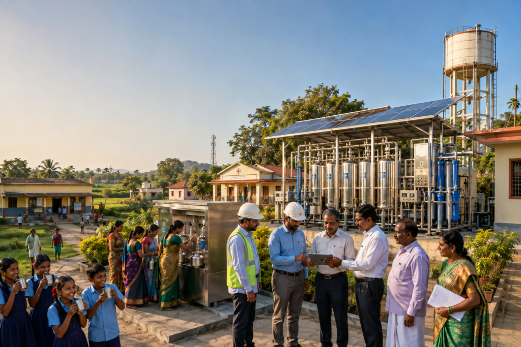 Government Community Drinking Water Project with stainless-steel RO water treatment plant installed in a rural Karnataka village by Bangalore Aqua.