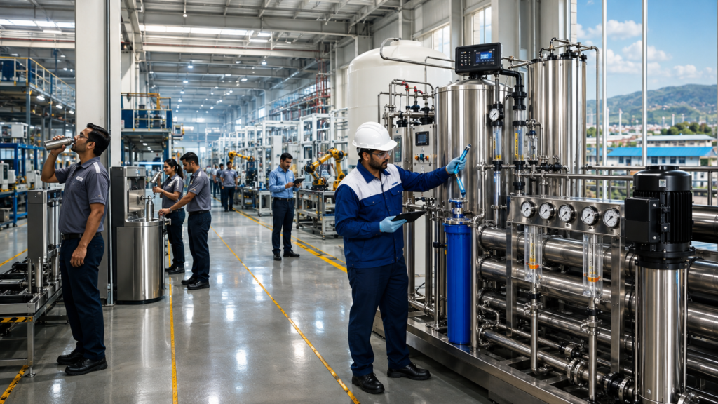 1,000 LPH industrial RO water treatment plant with engineer in Karnataka manufacturing factory