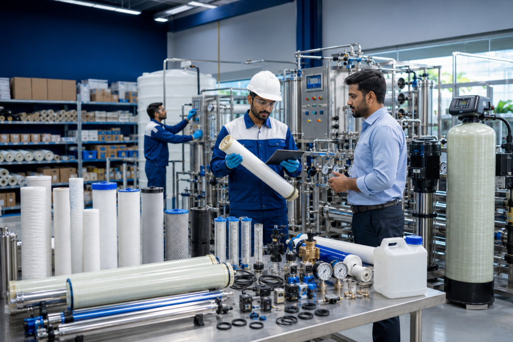Commercial RO plant spare parts with 4040 RO membrane and engineer in Bengaluru service facility
