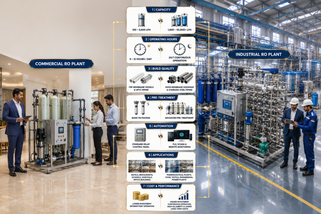 Commercial RO Plant vs Industrial RO Plant comparison infographic showing differences in capacity, build quality, automation, pre-treatment systems, applications, operating hours, and performance.